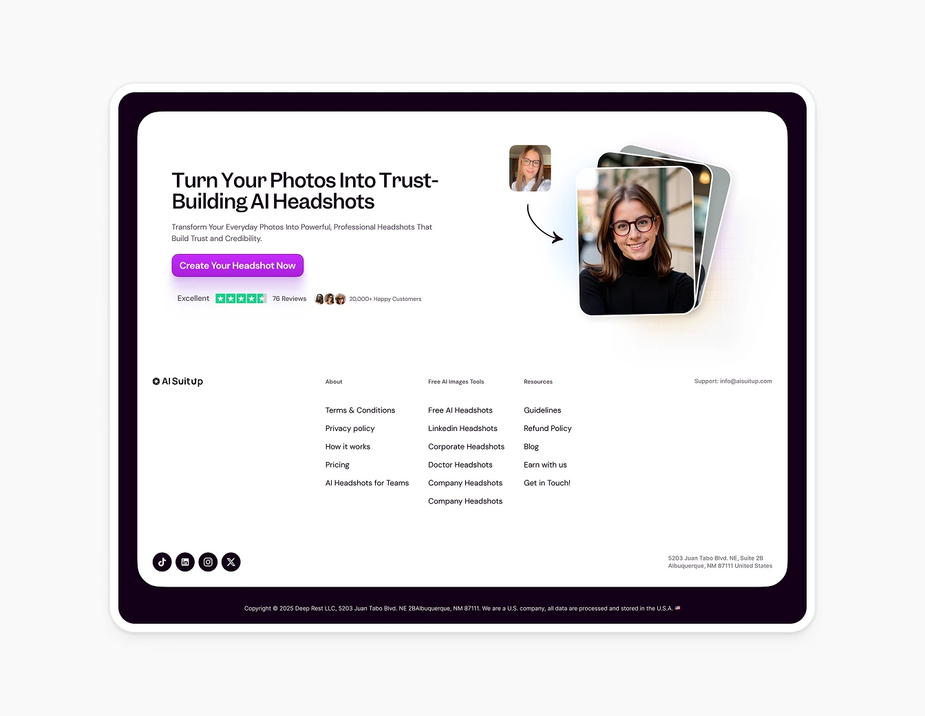 AI Suitup Landing Page Hero and Footer