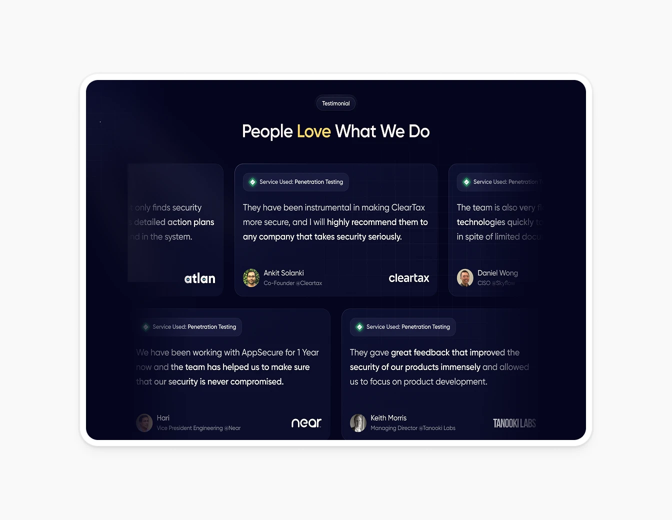 Appsecure Testimonials Grid Dark Mode
