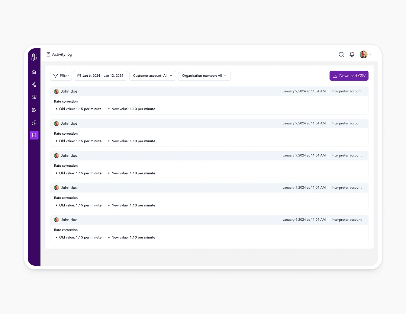 Avant Talk Activity Log Feed