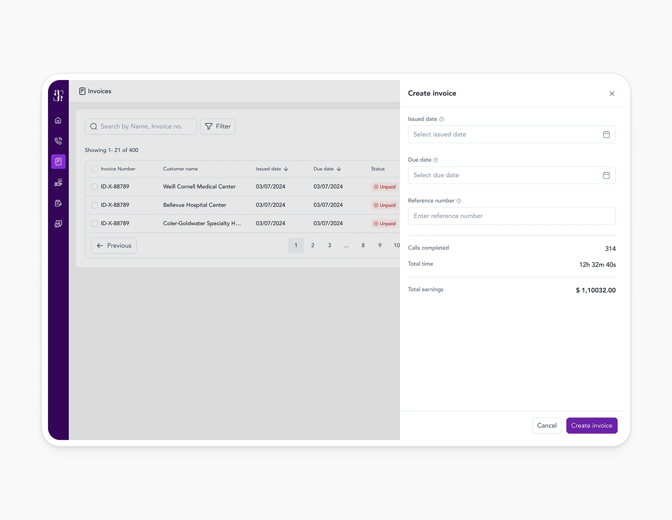 Avant Talk Invoices Table with Create Form