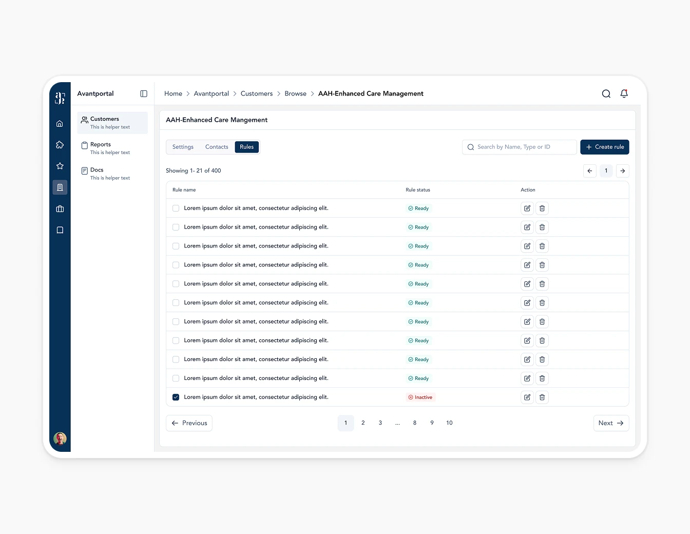 Avant Talk Customer Rules Table