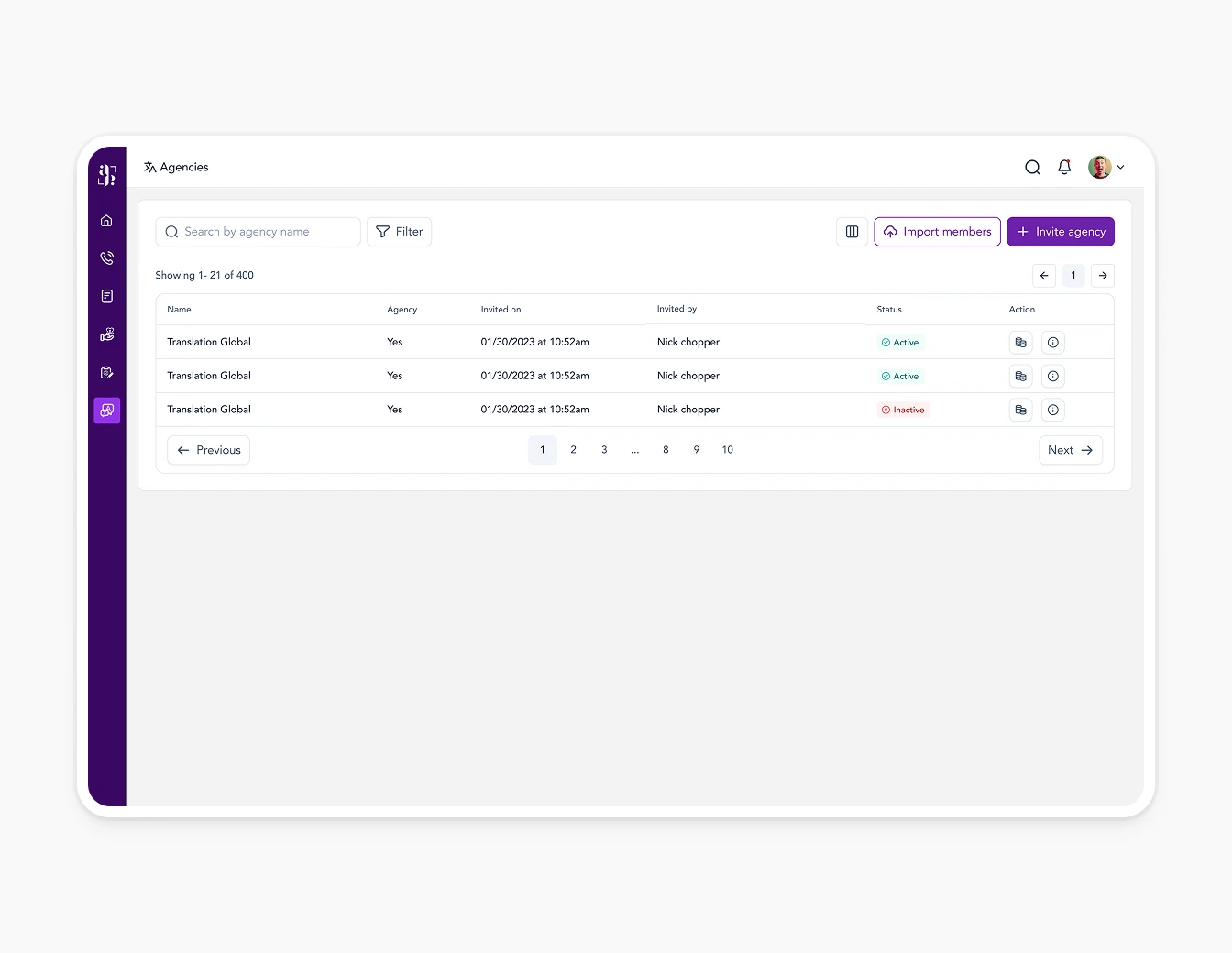 Avant Talk Agencies Management Table