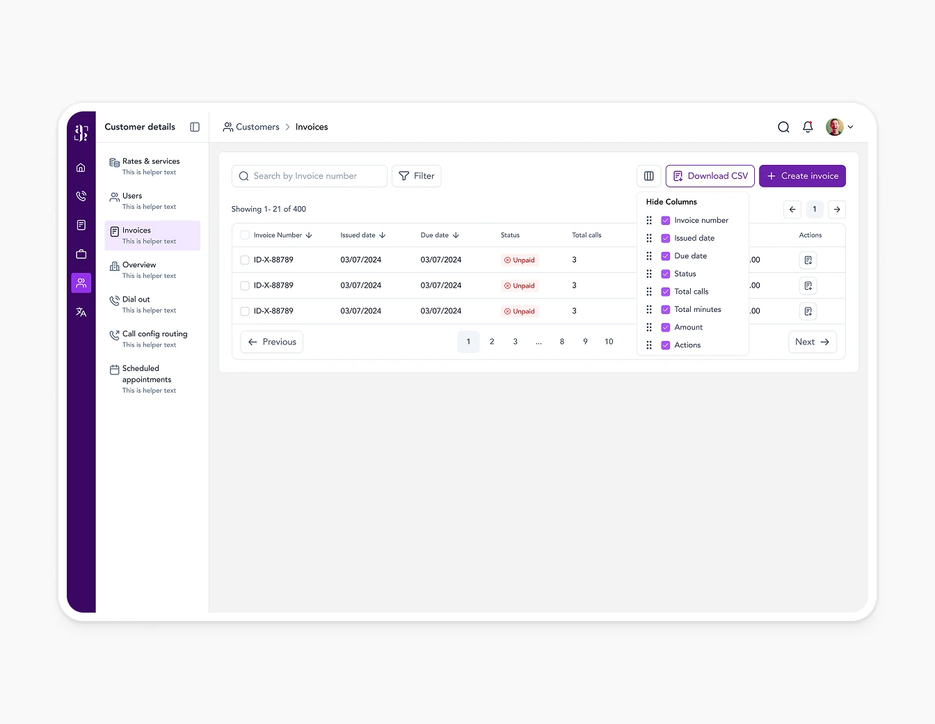 Avant Talk Customer Invoices Column Config