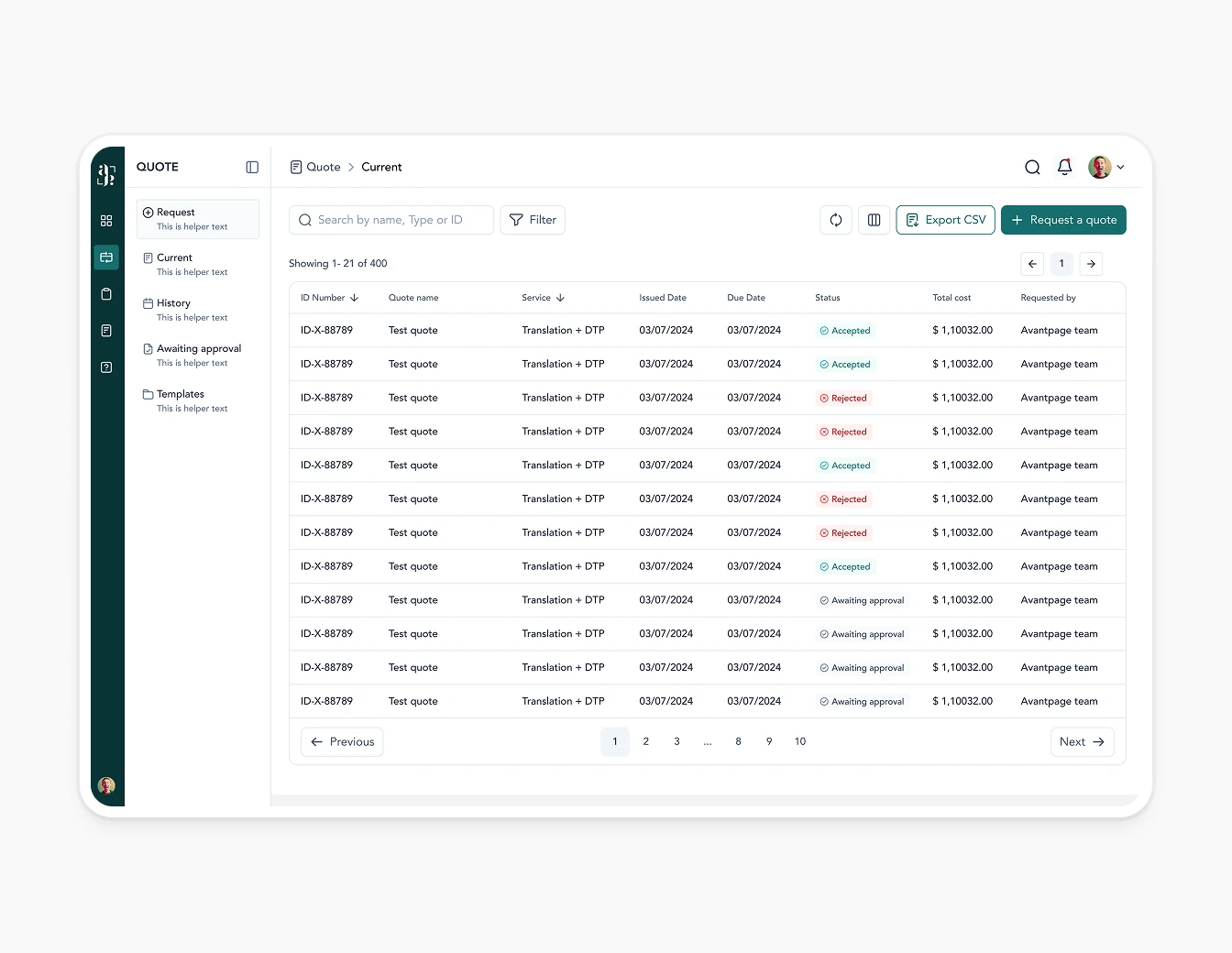 Avantpage Quotes Table
