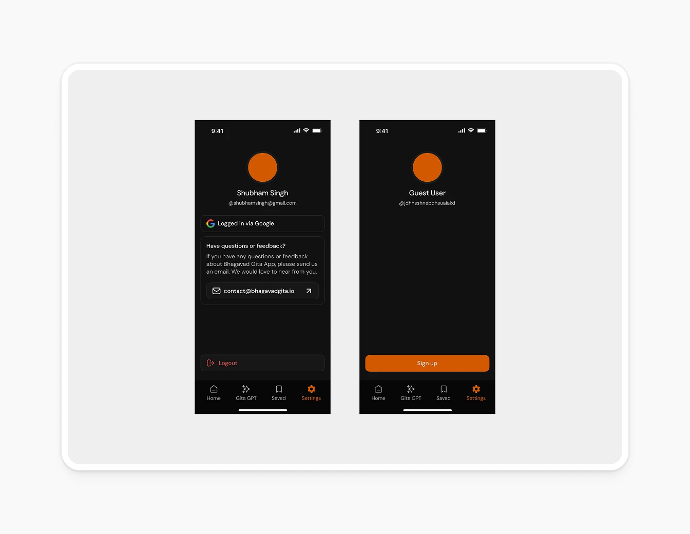 Bhagavad Gita Dark Settings Profile Screens