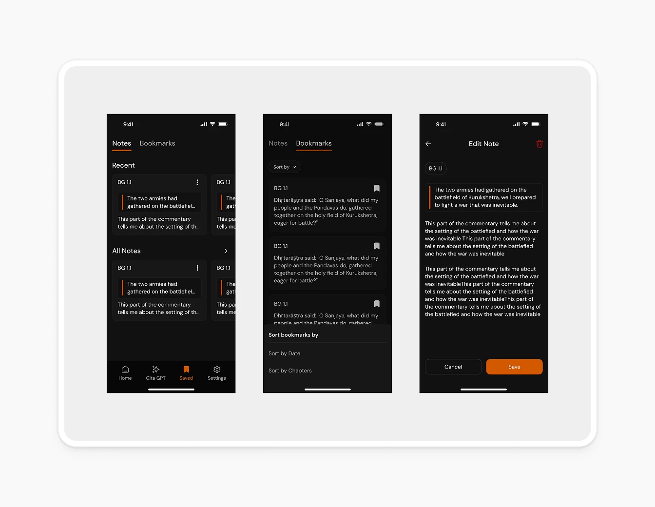 Bhagavad Gita Dark Notes Bookmarks Saved