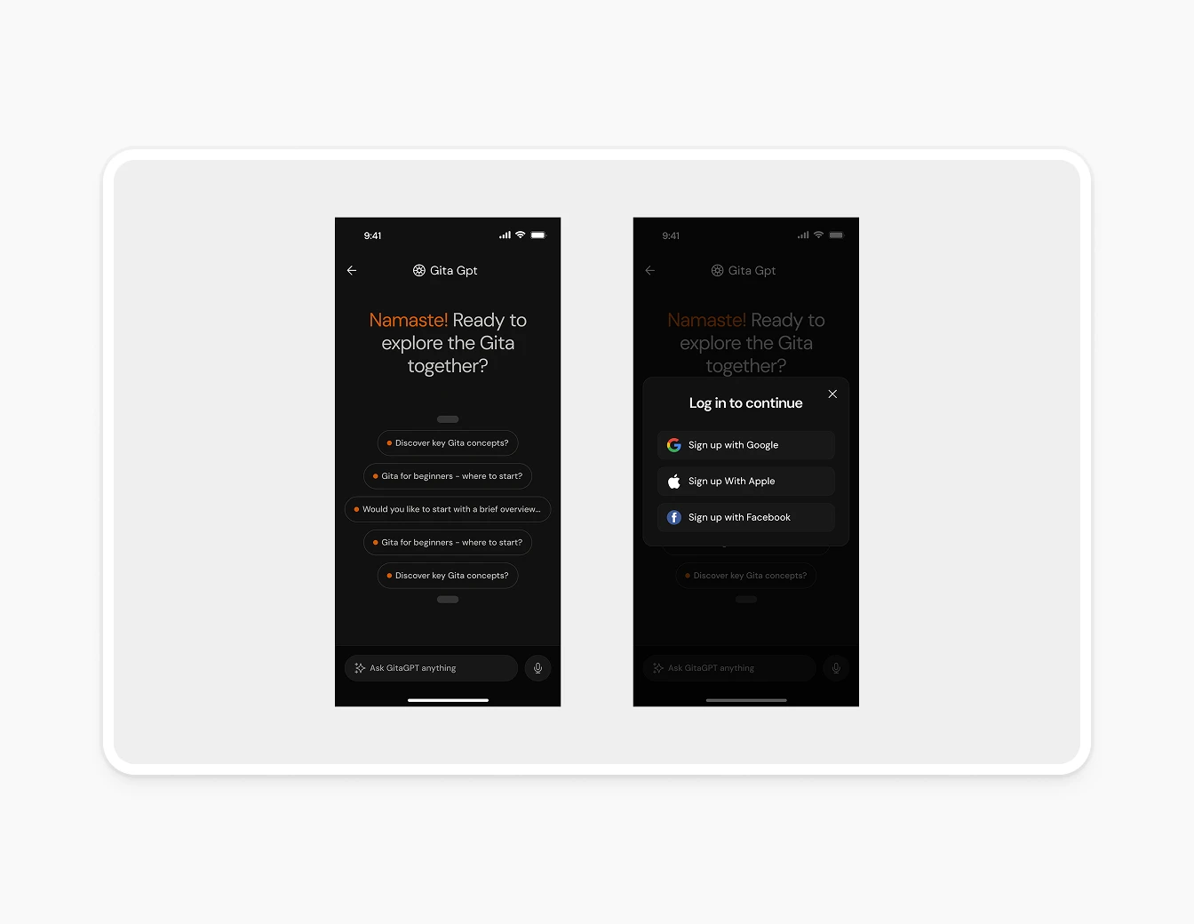Bhagavad Gita GPT Welcome and Login Screens
