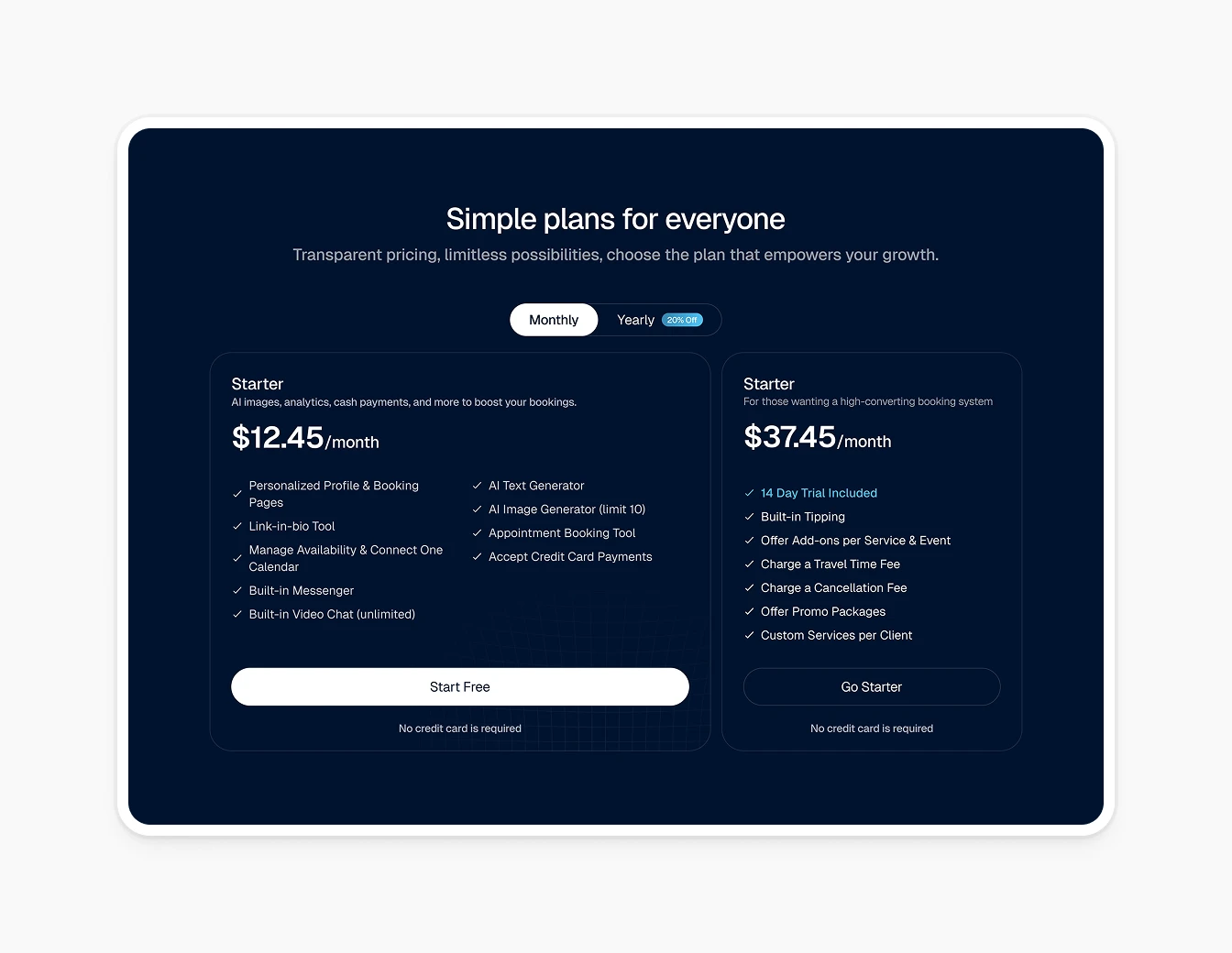 Bookme Pricing Plans Starter Dark Blue
