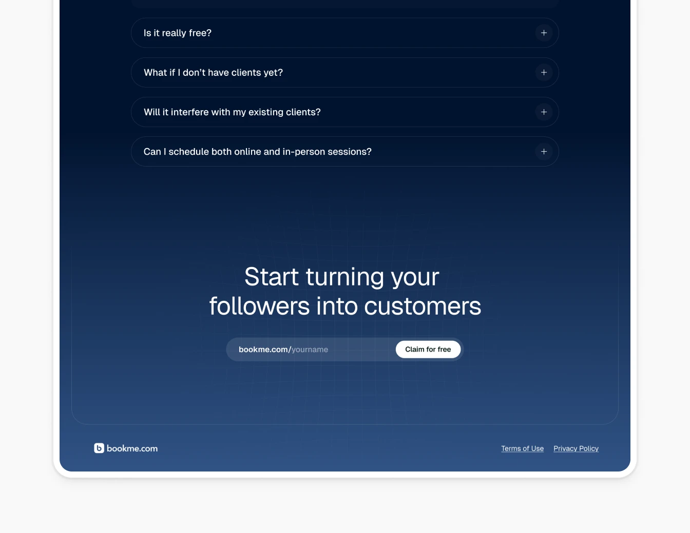 Bookme FAQ and CTA Footer Dark Blue