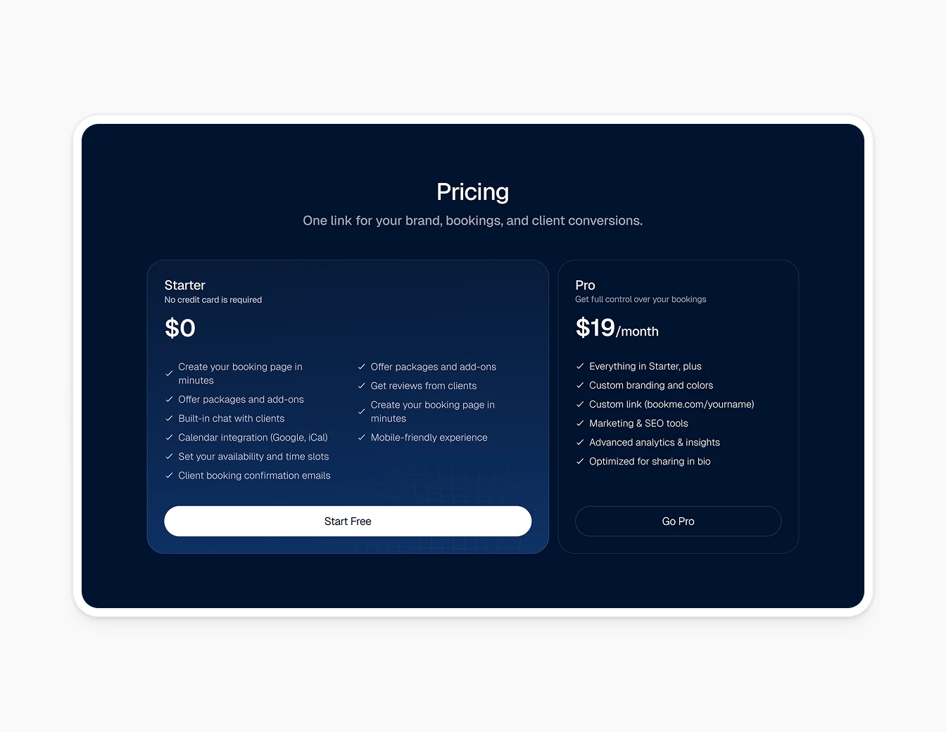 Bookme Pricing Plans Starter Pro Dark V2