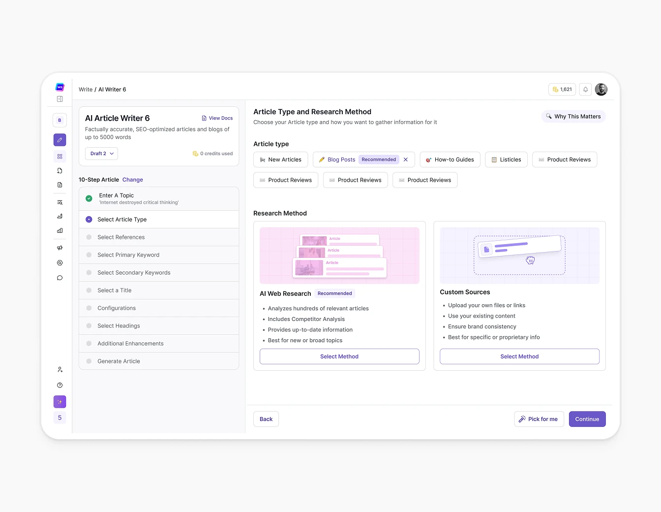 Botsonic AI Article Writer Wizard Flow