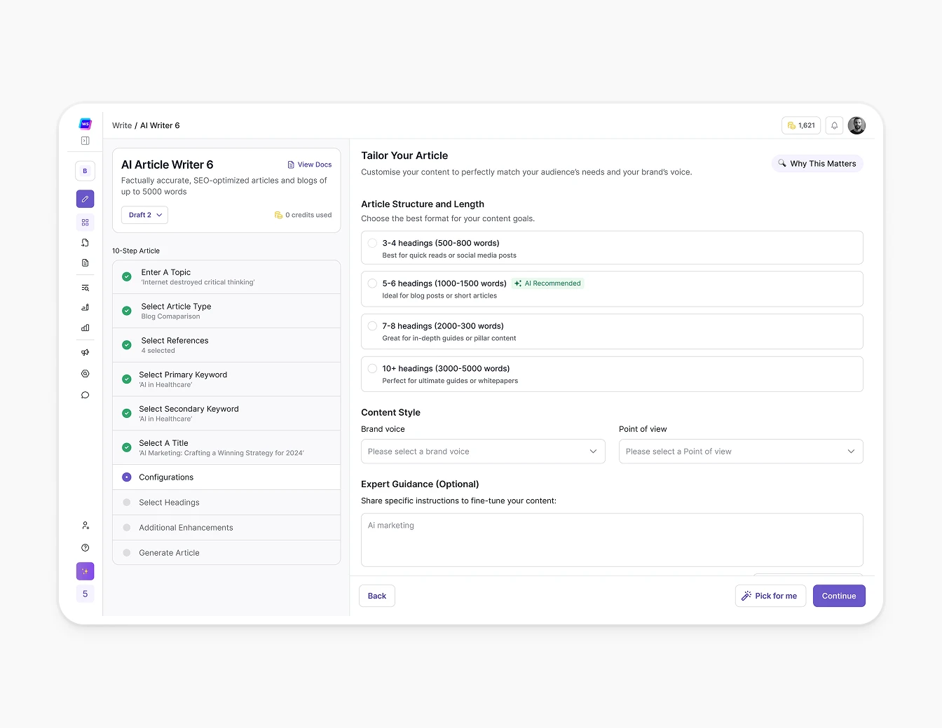 Botsonic AI Writer Article Config Step