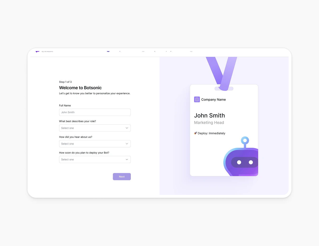 Botsonic Welcome Onboarding Profile Form
