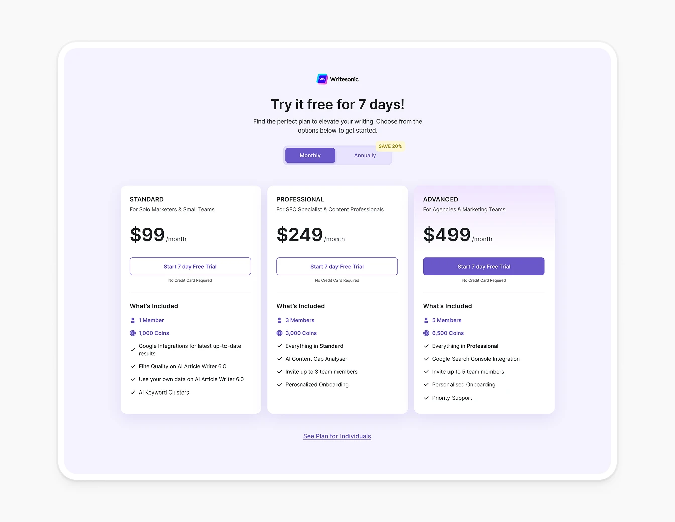 Botsonic Writesonic Pricing Plans Page