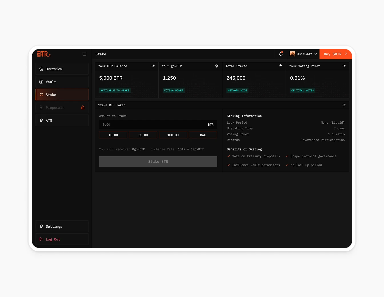 BTR Stake Token Balance Dark Dashboard