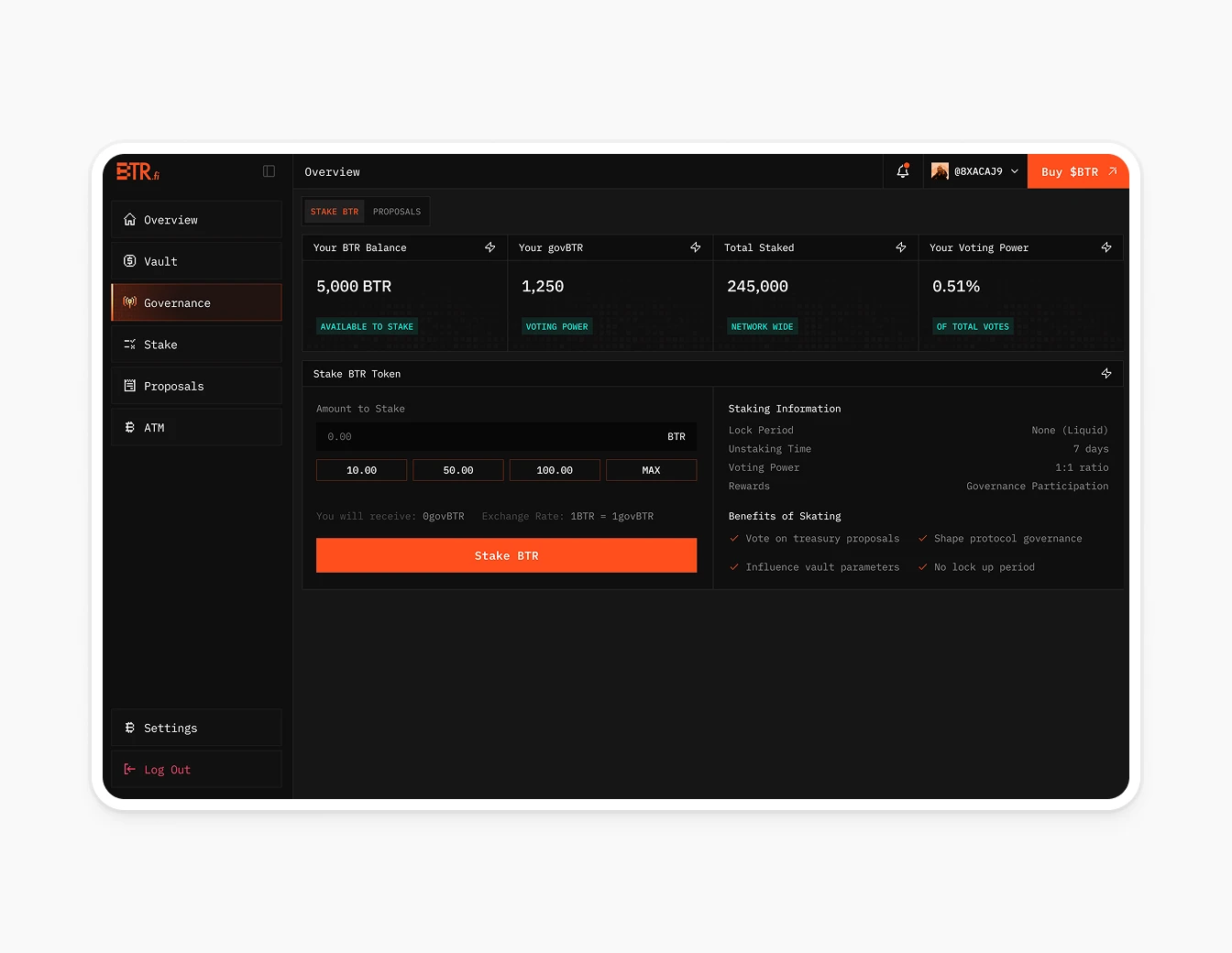 BTR Governance Stake BTR Token Dark