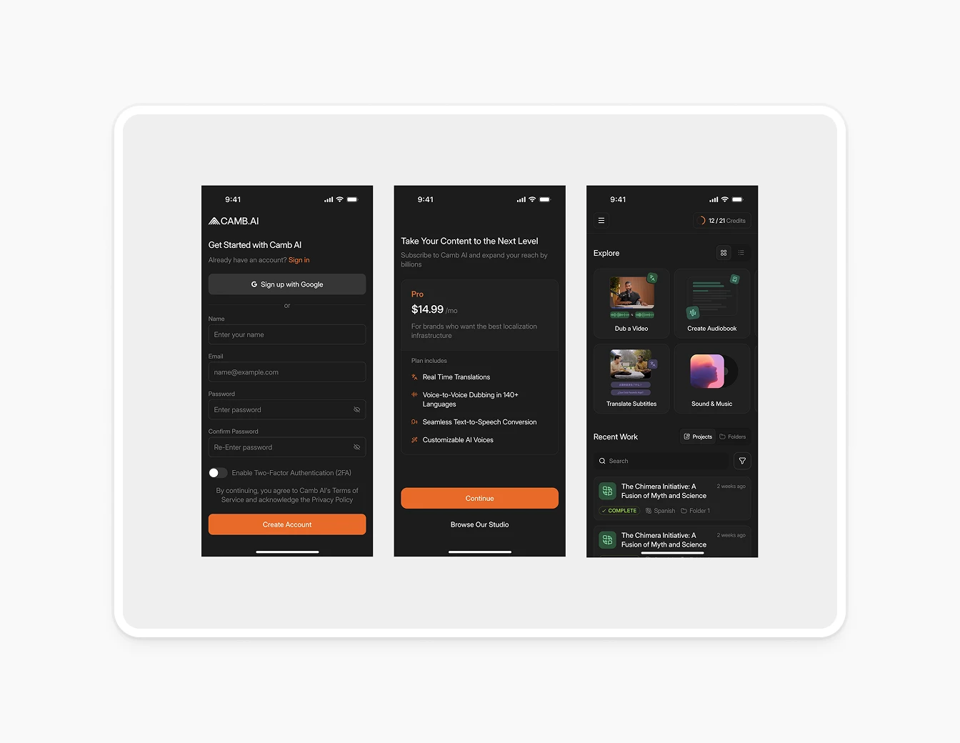 Camb.ai Mobile Signup Pricing Explore Dark