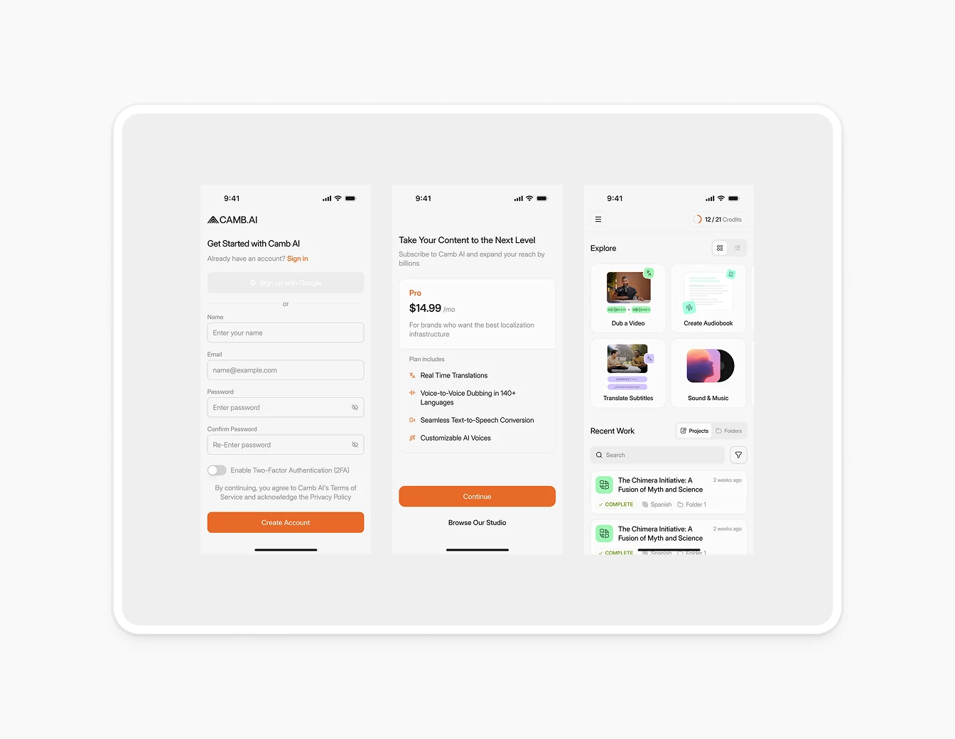 Camb.ai Mobile Signup Pricing Explore