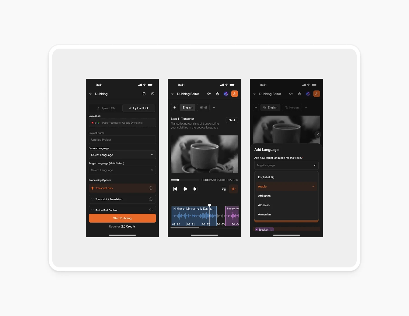 Camb.ai Mobile Dubbing Editor Language Flow