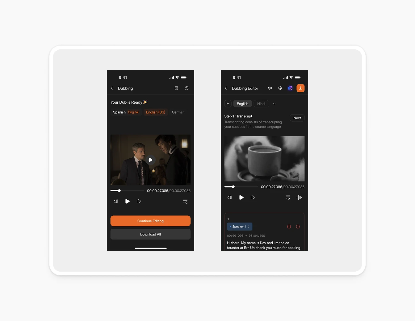 Camb.ai Mobile Dub Ready Editor Screens