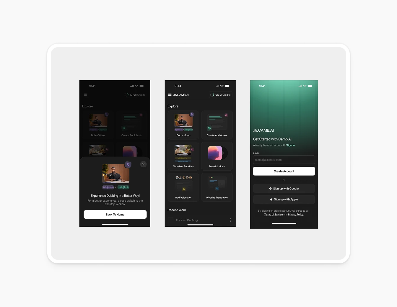 Camb.ai Mobile Explore Home Signup Screens