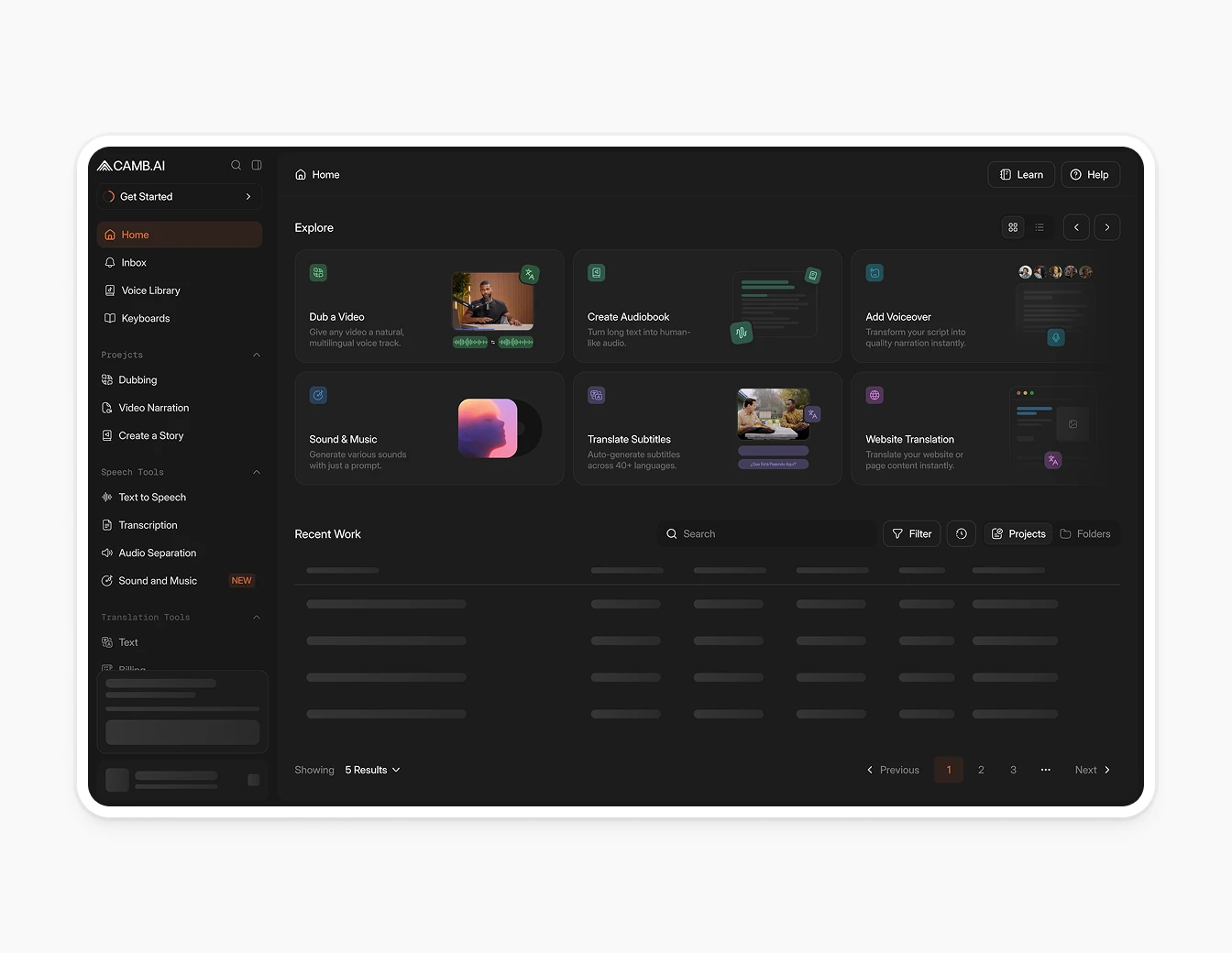Camb.ai Home Explore Dashboard Redesign