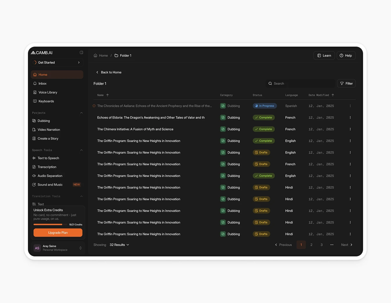 Camb.ai Projects Library Data Table Dark