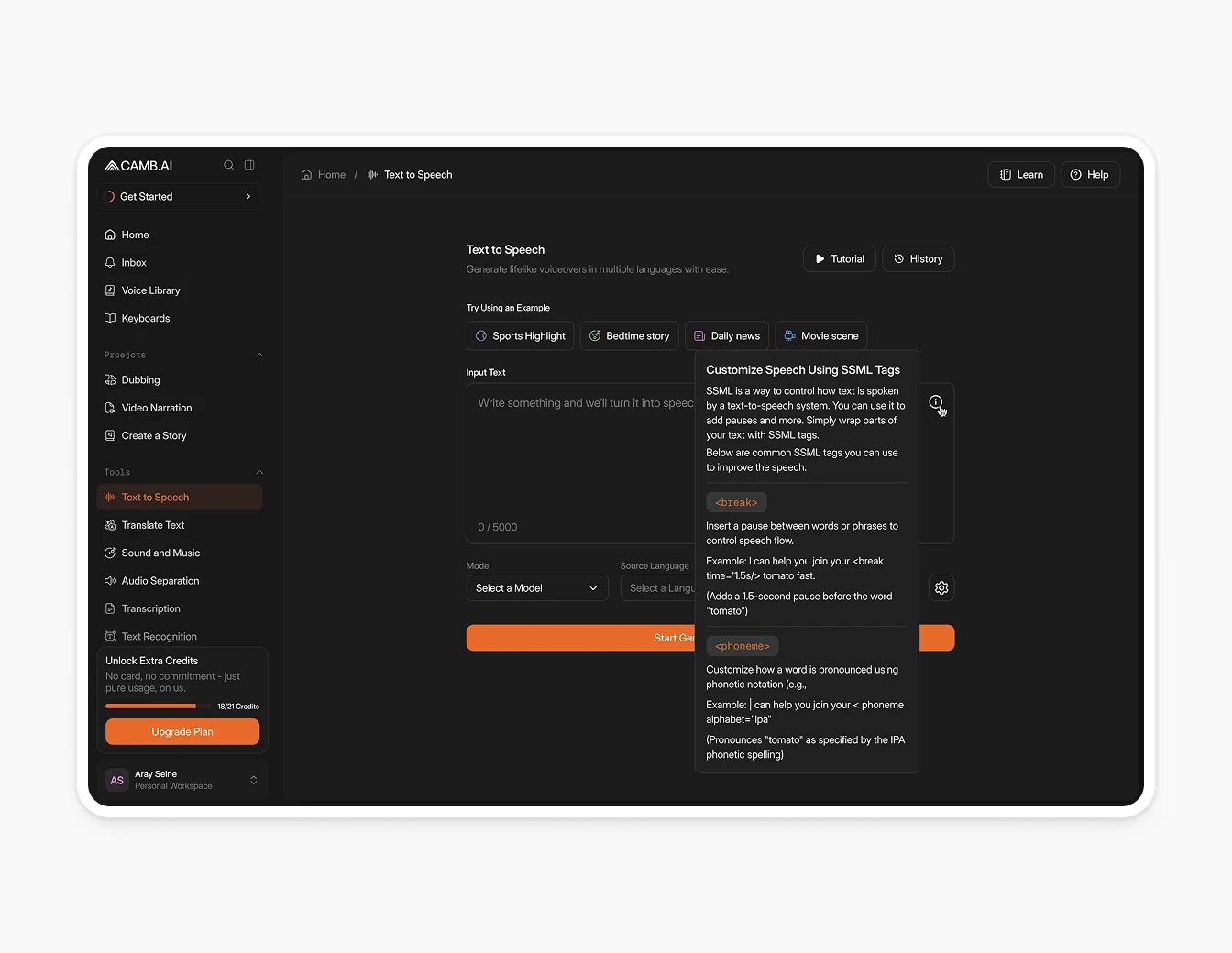 Camb.ai Text to Speech Tooltip Dark