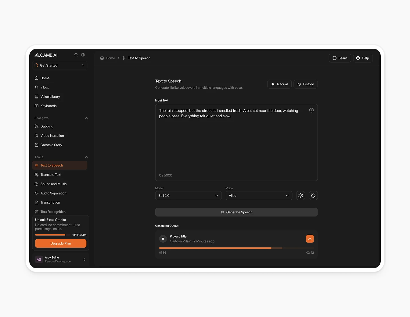 Camb.ai Text to Speech Editor Dark V2