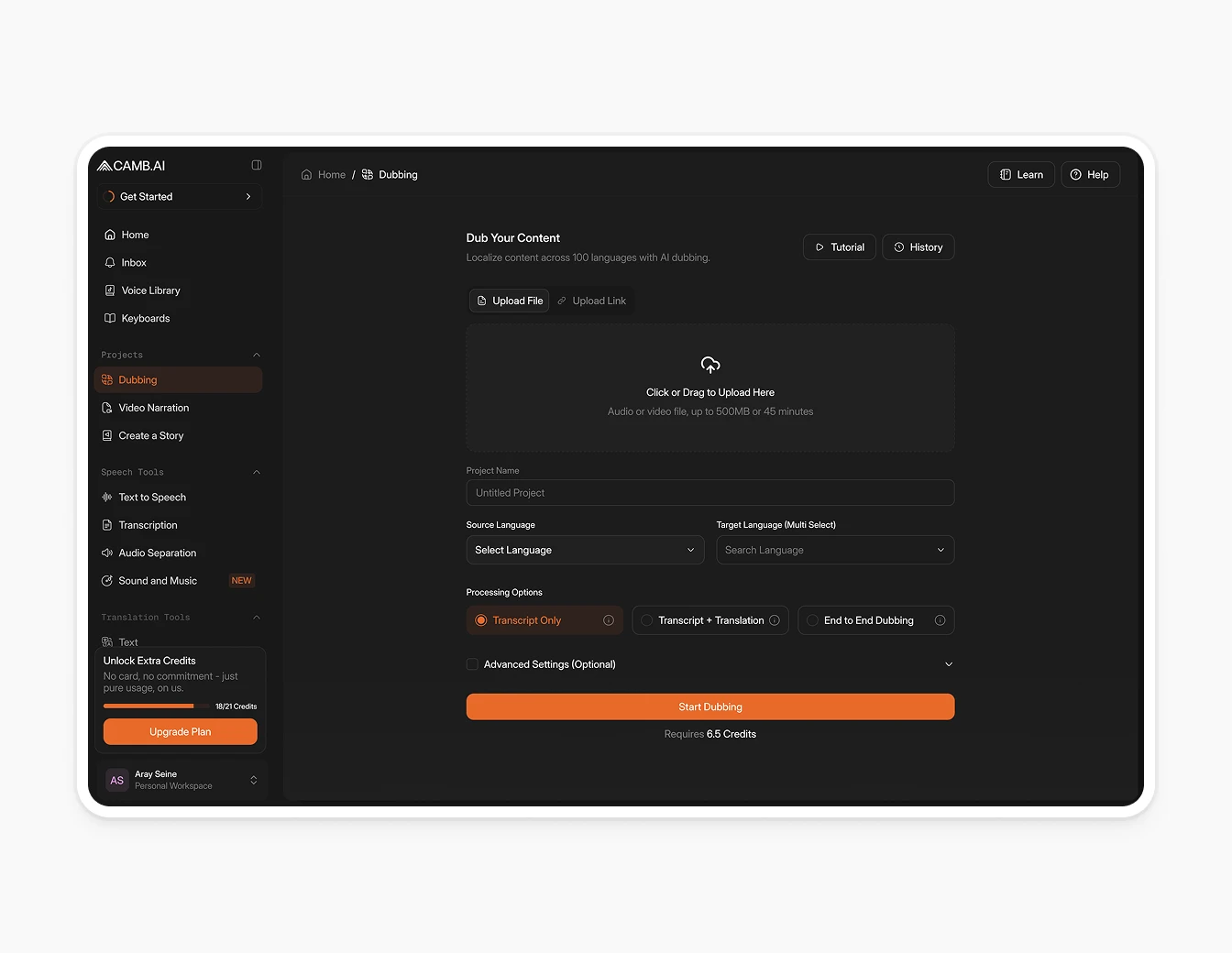 Camb.ai Dubbing Upload Language Select