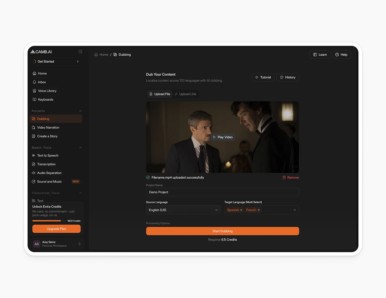 Camb.ai Video Dubbing Upload Dashboard