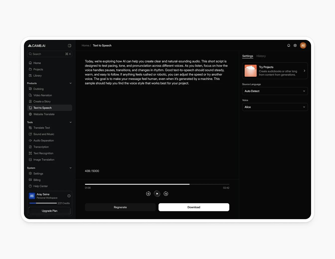 Camb.ai Text to Speech V2 Dark Sidebar