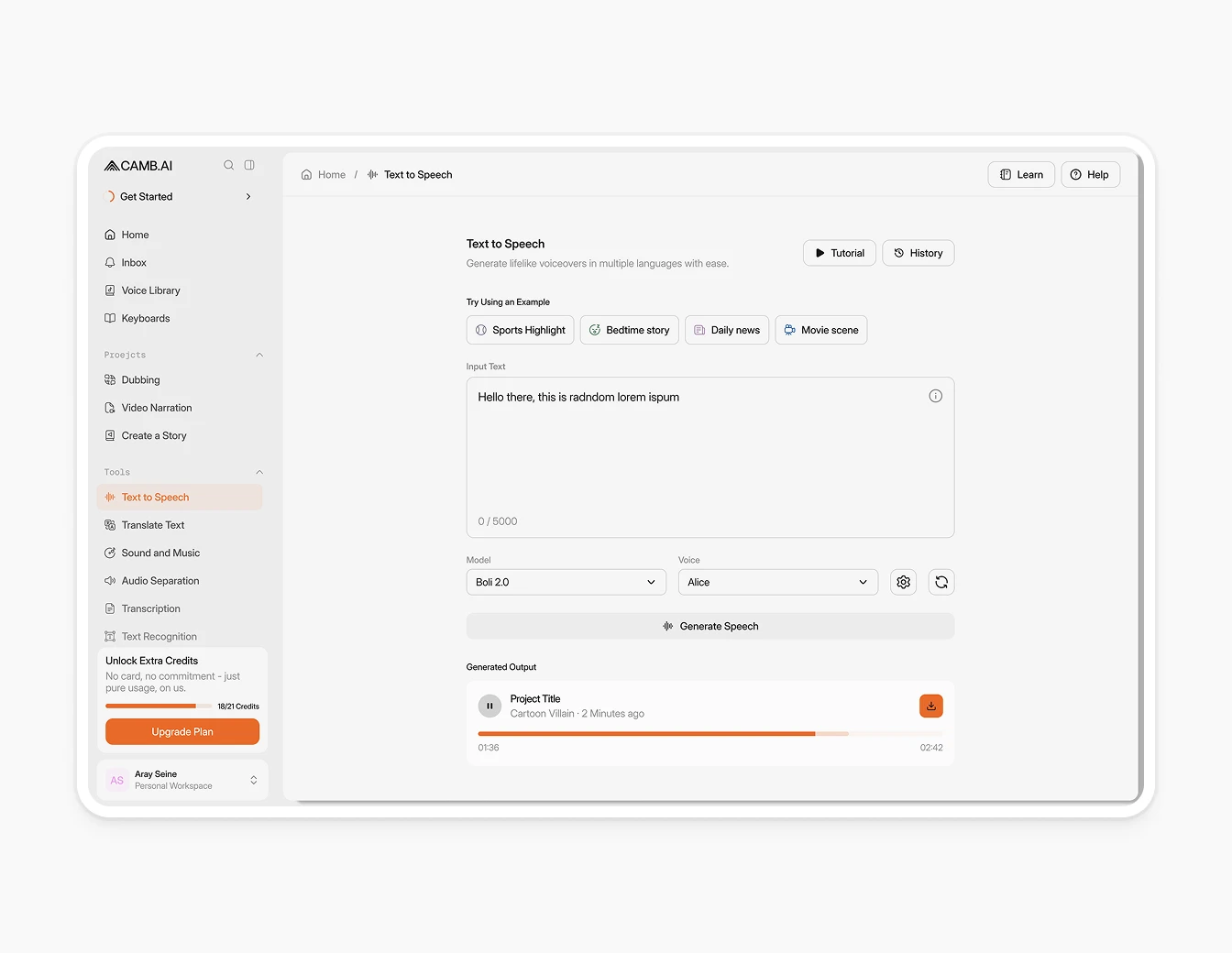Camb.ai TTS Tool Dashboard