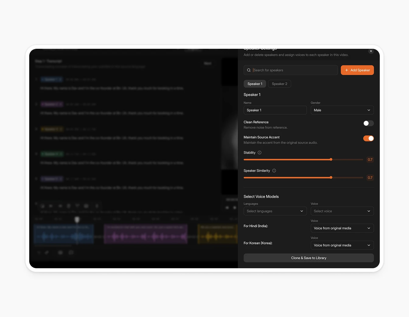 Camb.ai Dubbing Editor Speaker Settings Dark