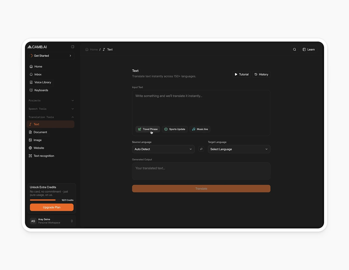 Camb.ai Text Translation Tool Interface