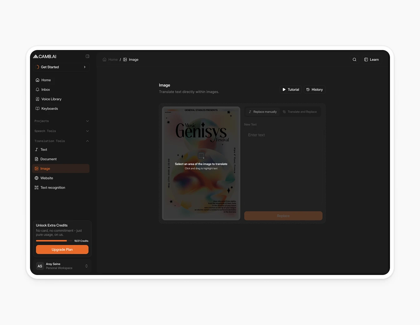 Camb.ai Image Translation Editor Dark