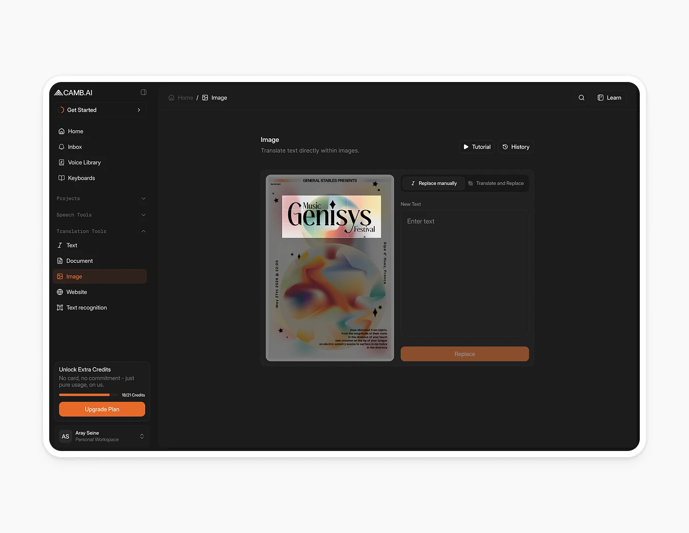 Camb.ai Image Translation Editor Dark V2