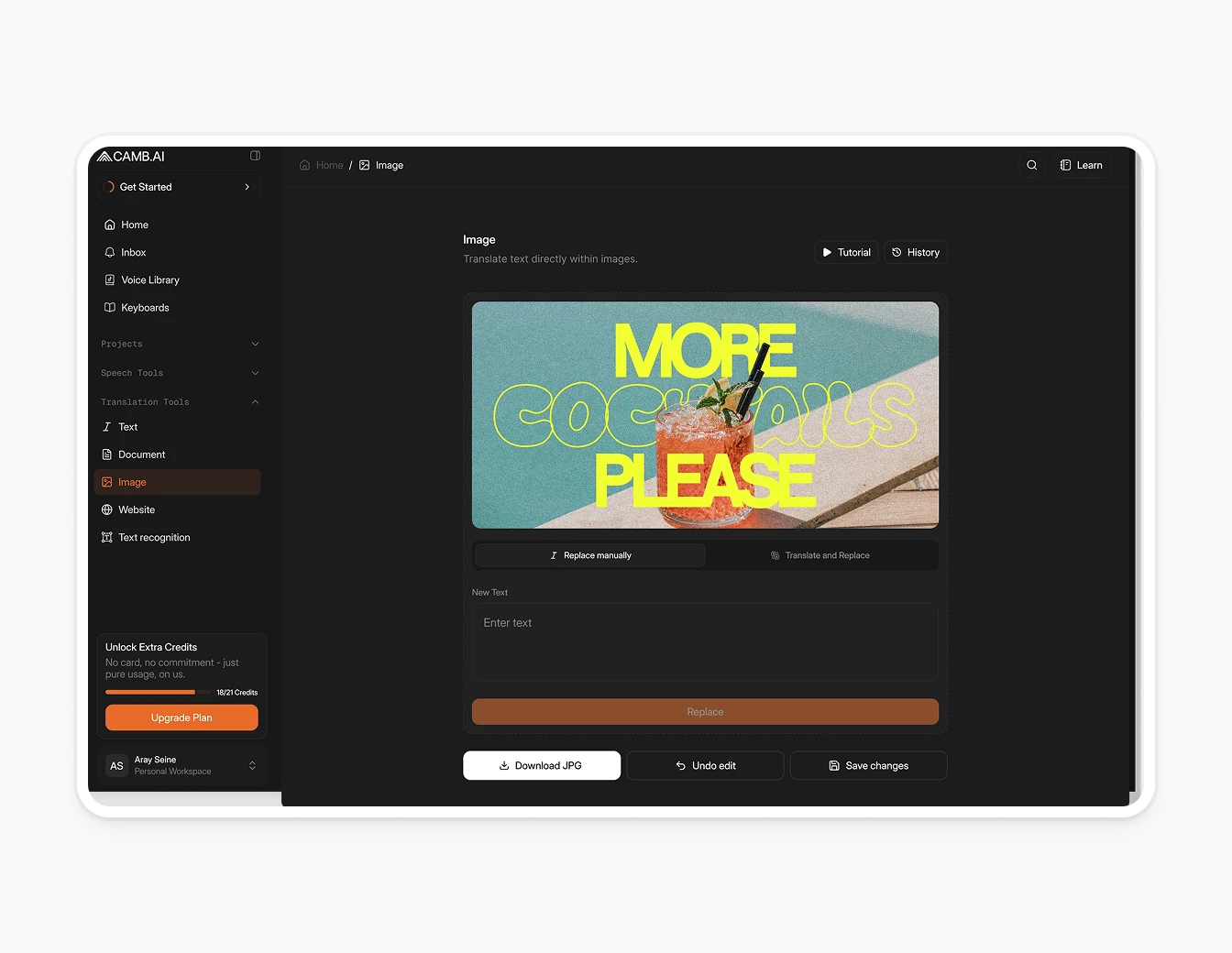 Camb.ai Image Translation Editor Dark