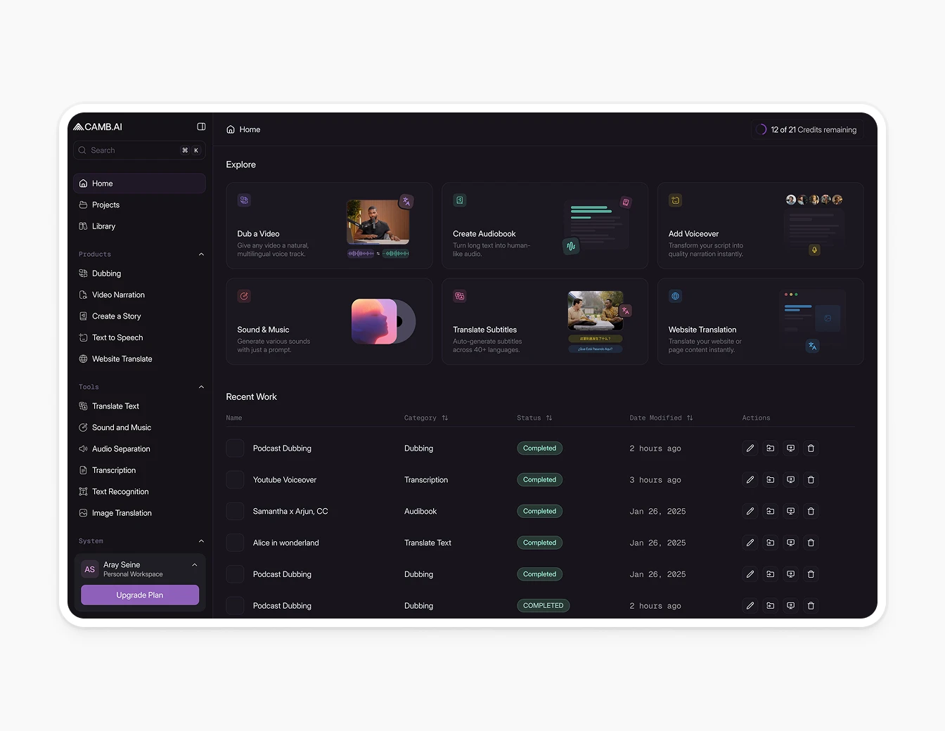 Camb.ai Home Explore Dark Purple Dashboard