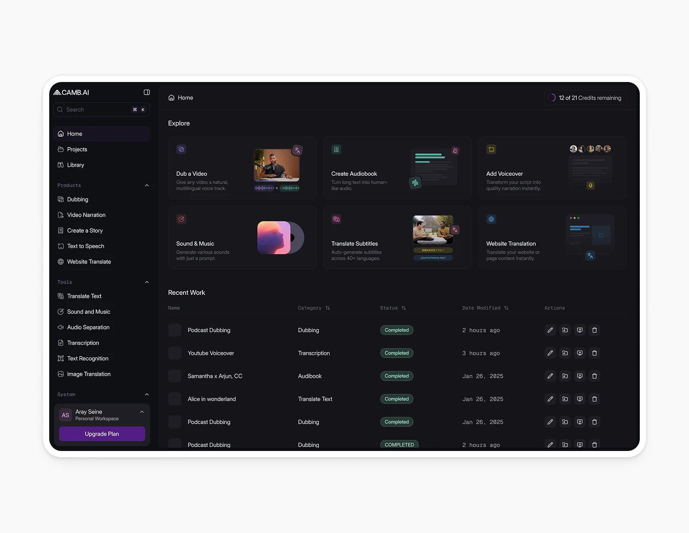 Camb.ai Video Dashboard Explore Recent