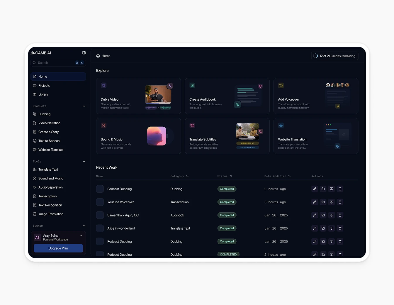 Camb.ai Dashboard Home Dark