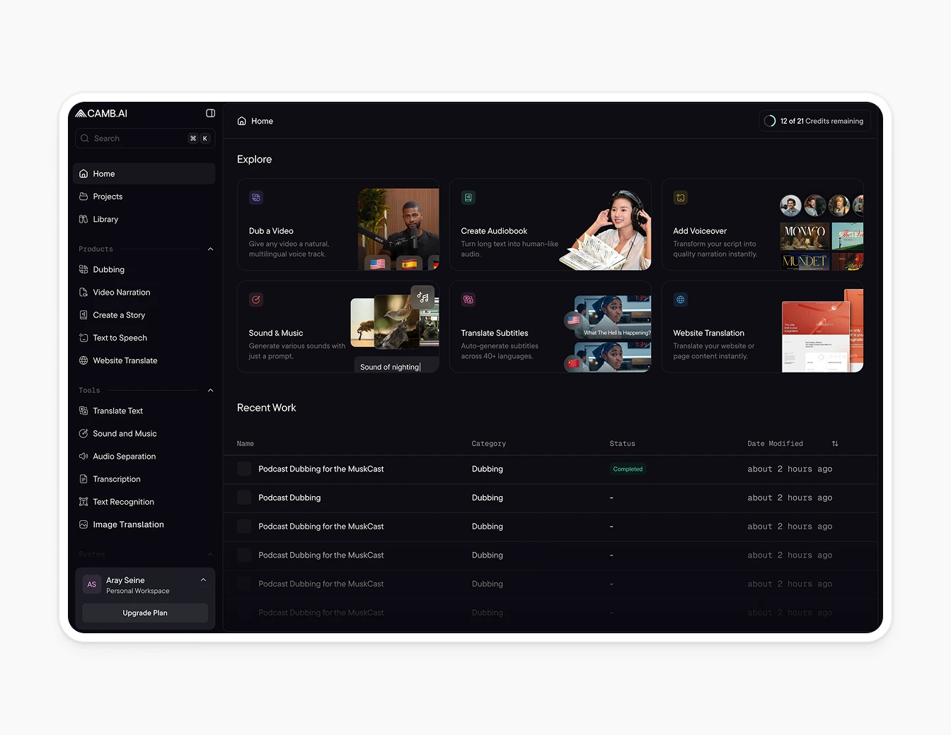 Camb.ai Home Explore Dashboard Dark Cards