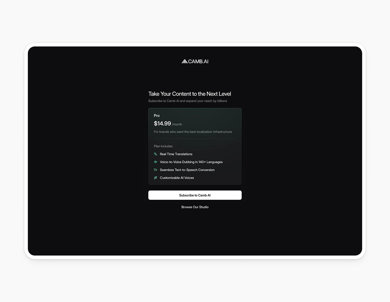 Camb.ai Pricing Pro Plan Subscribe Dark