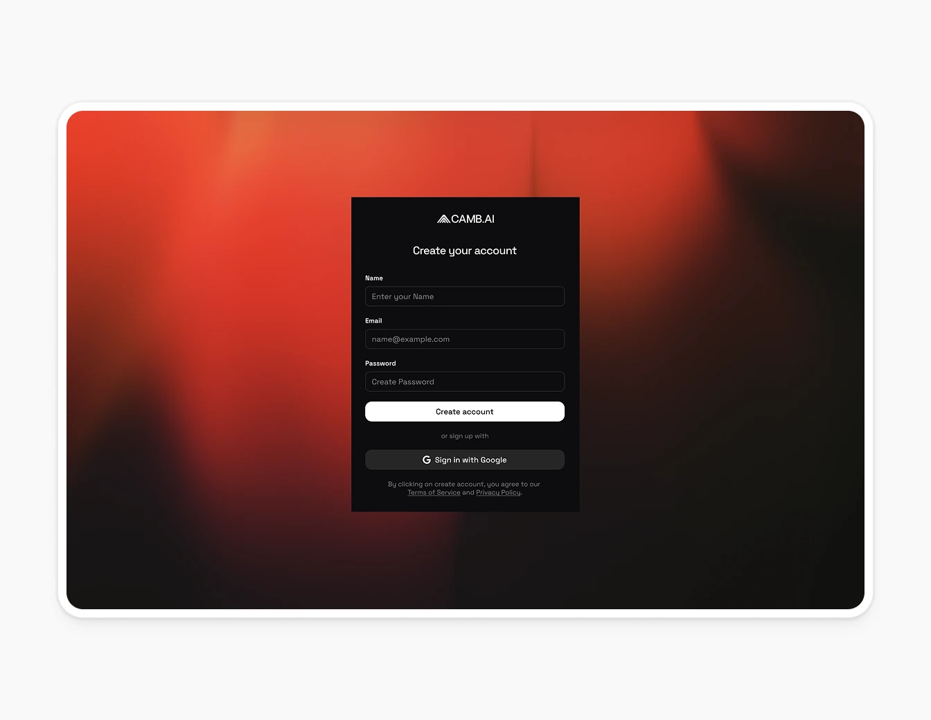 Camb.ai Create Account Signup Red Gradient