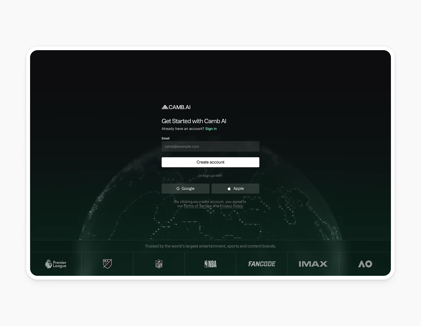 Camb.ai Signup Get Started Green Globe