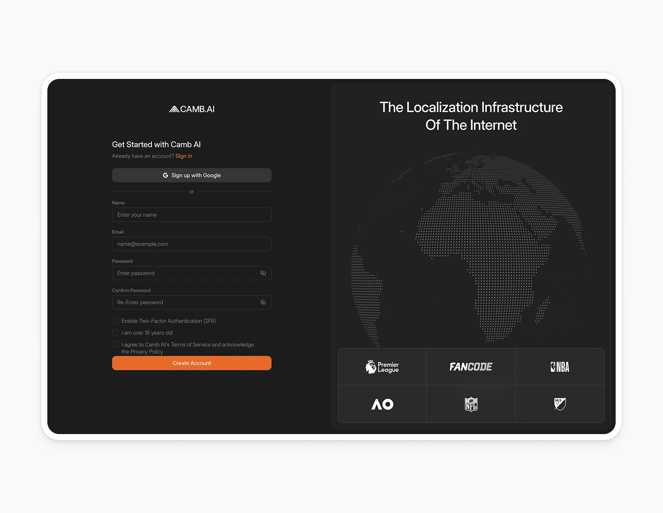 Camb.ai Dark Signup Onboarding Screen