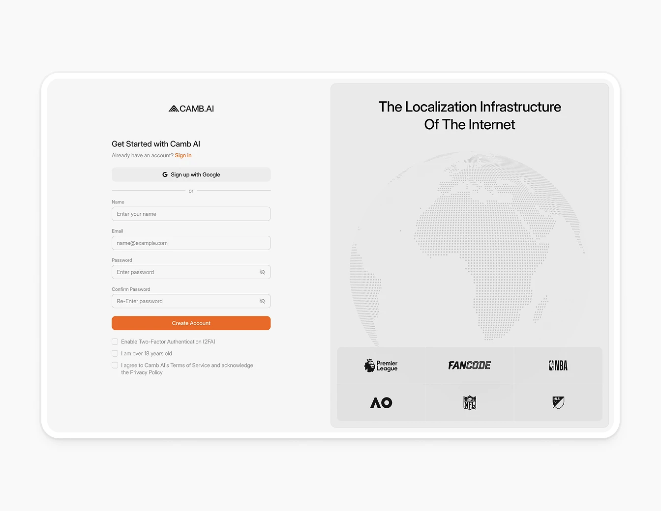 Camb.ai Get Started Registration Screen
