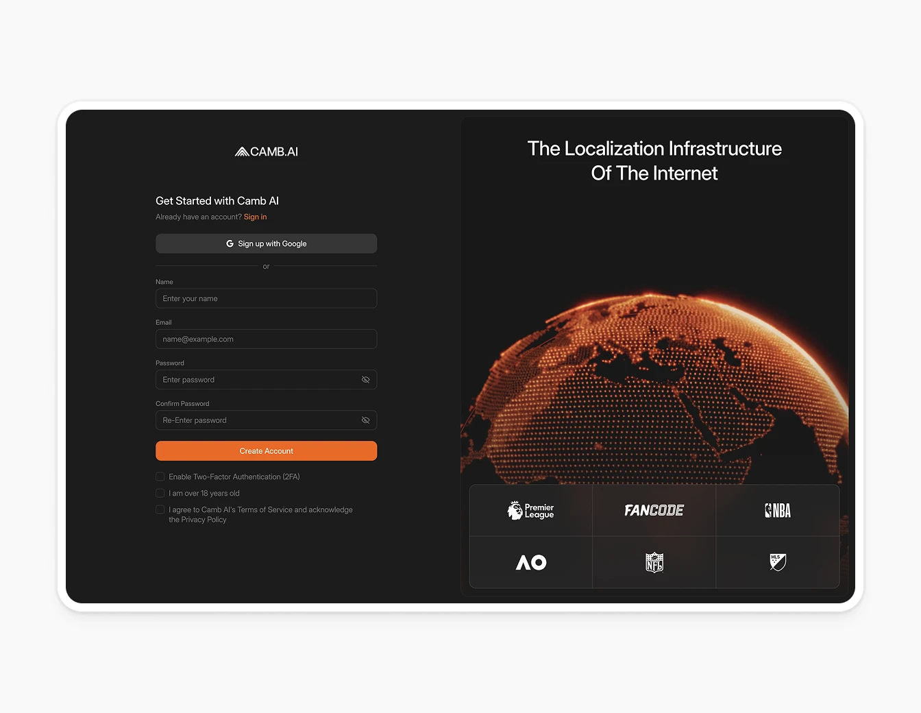 Camb.ai Signup Create Account Orange Globe