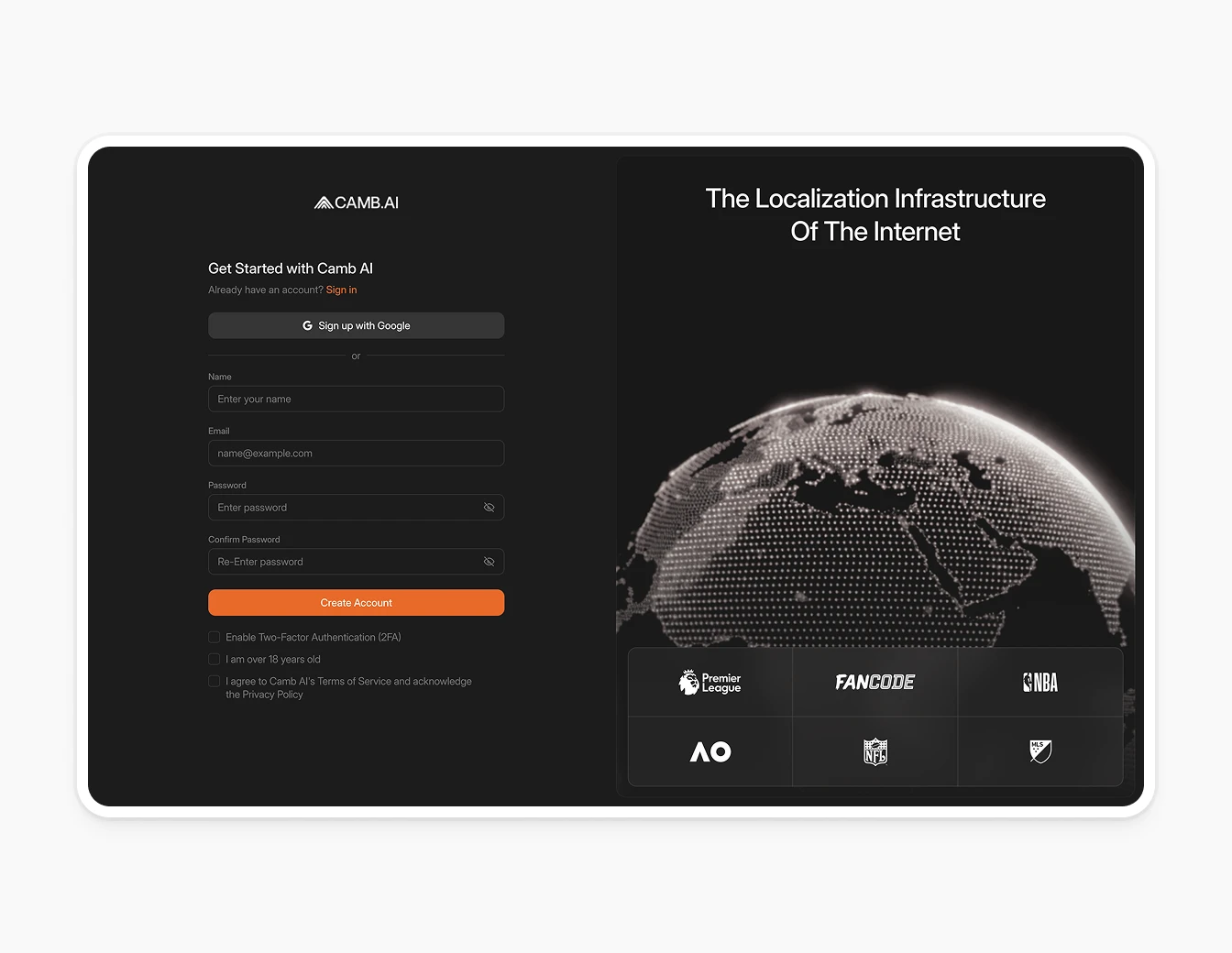Camb.ai Signup Create Account Globe Dark