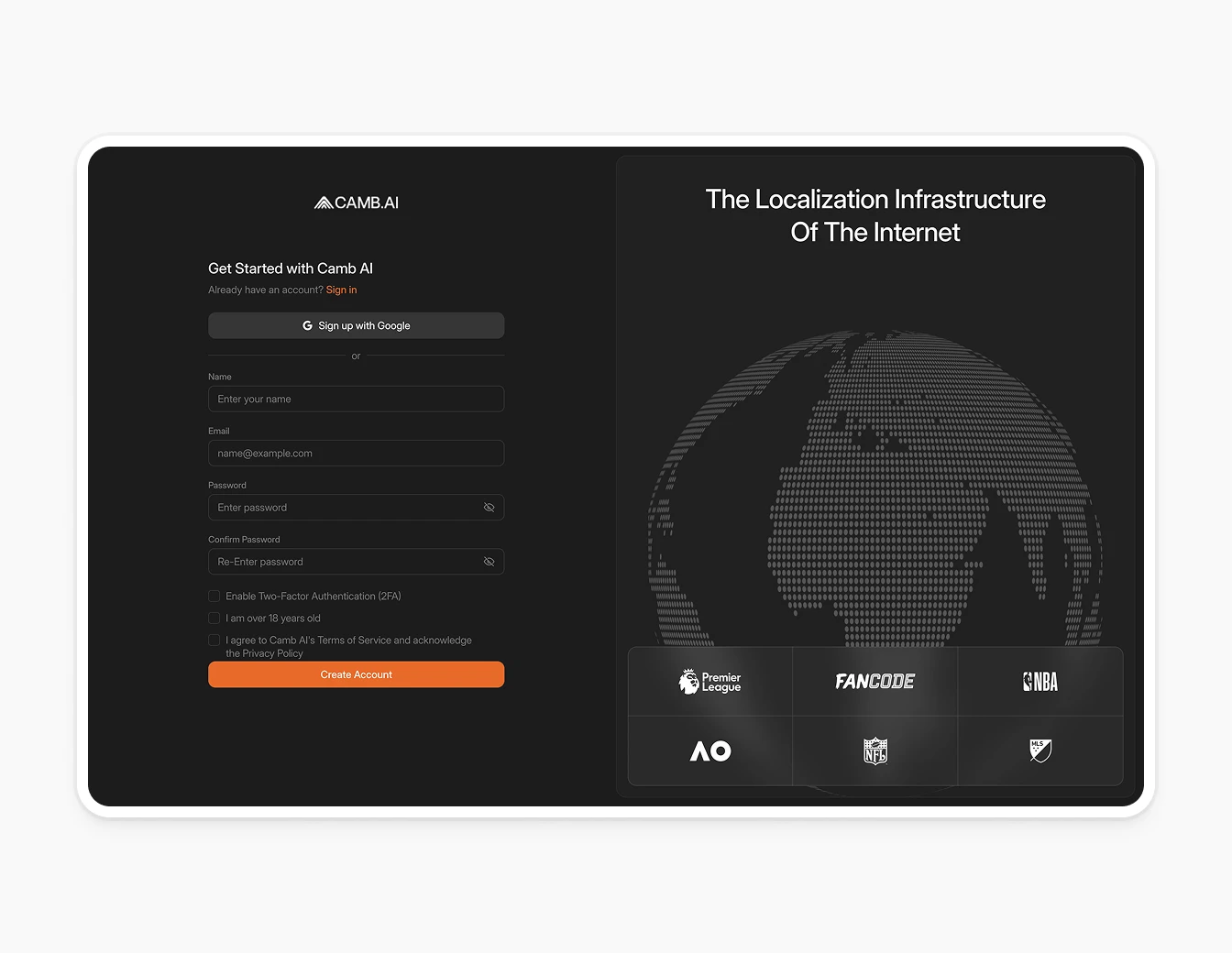 Camb.ai Signup Create Account Globe V2